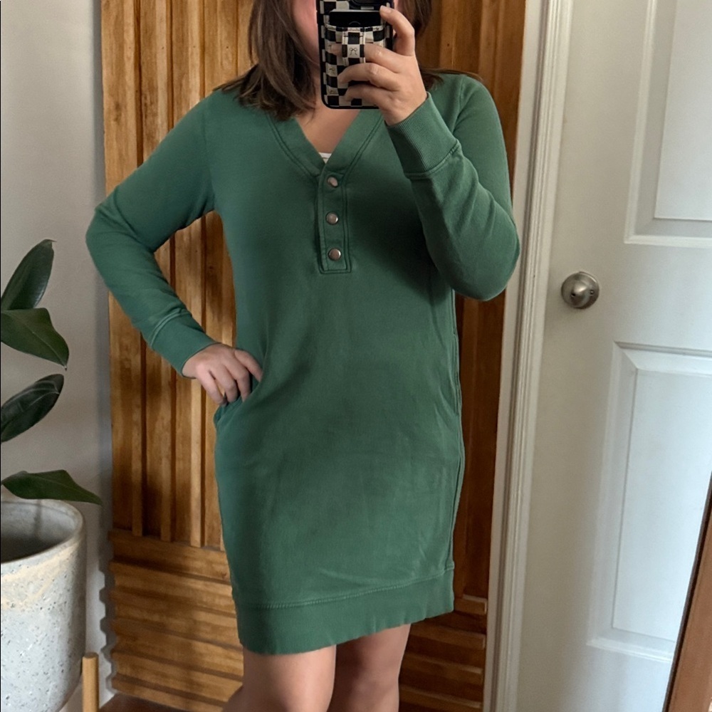 PACT Downtime Henley Green Cotton Sweatshirt Dress. S